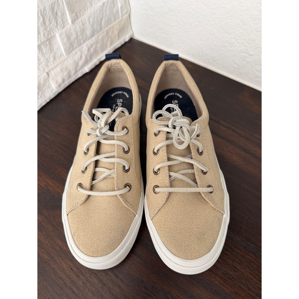 Sperry Crest Vibe Linen Gold Sparkle Tan Canvas Sneakers! Size: Womens 7